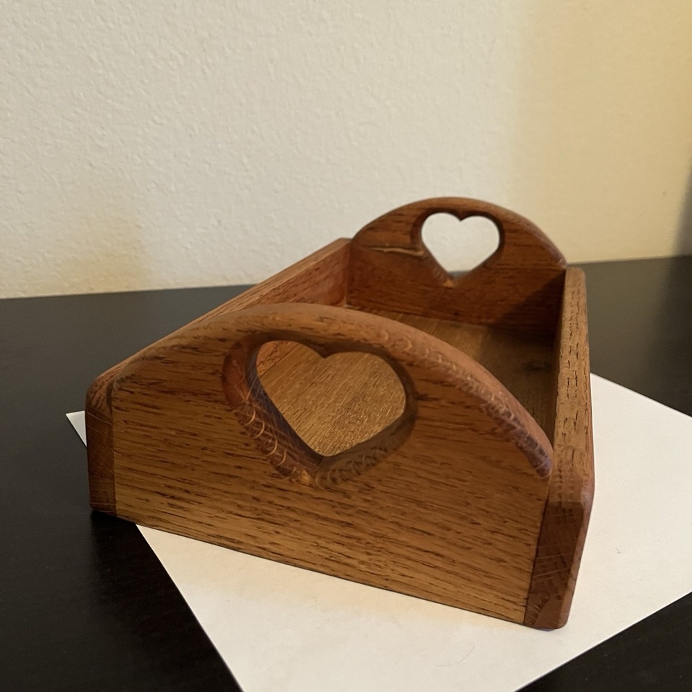 Vintage Handcrafted Wooden Heart Cutout Tray Organizer Country Farmhouse Cottage